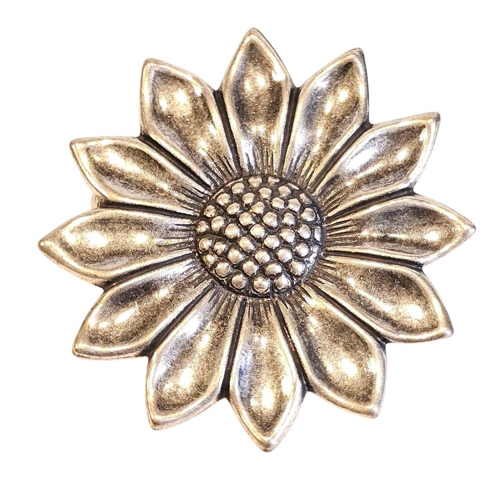 Sunflower Brooch Silver Tone Flower Pin Costume Jewelry 1.7" Metal Fall Gift Box